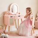 Kids Vanity Set with Lighted Mirror & Pretend Play Accessories, Pink Toddler Makeup Table and Chair Set with Storage Drawer, Princess Dressing Table for Little Girls Ages 3+, 23.6"L x 11.5"W x 36.2"H