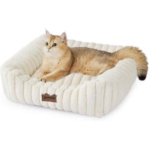 Small Dog Beds for Small Dogs - Washable Cat Beds for Indoor Cats, Rectangle Orthopedic Puppy Bed with Fluffy Removable Cover, 20x19x7inches, Cream