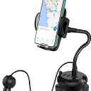 4-Port USB Car Charger with Cup Holder Phone Mount, Rapid Multi Port Charger, Adjustable Gooseneck Rotatable Holder for Smartphones