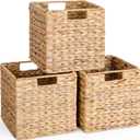 10.5x10.5 Water Hyacinth Storage Baskets, Collapsible Square Wicker Baskets Cube Storage Bins for 11 Inch IKEA Kallax, Set of 3