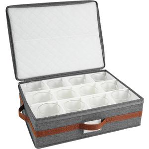 Mug storage box with divider, tea cup and coffee mug storage container with zipper cover and reinforced handle, hard shell, stackable, foldable (Grey red, Mug Storage Case)