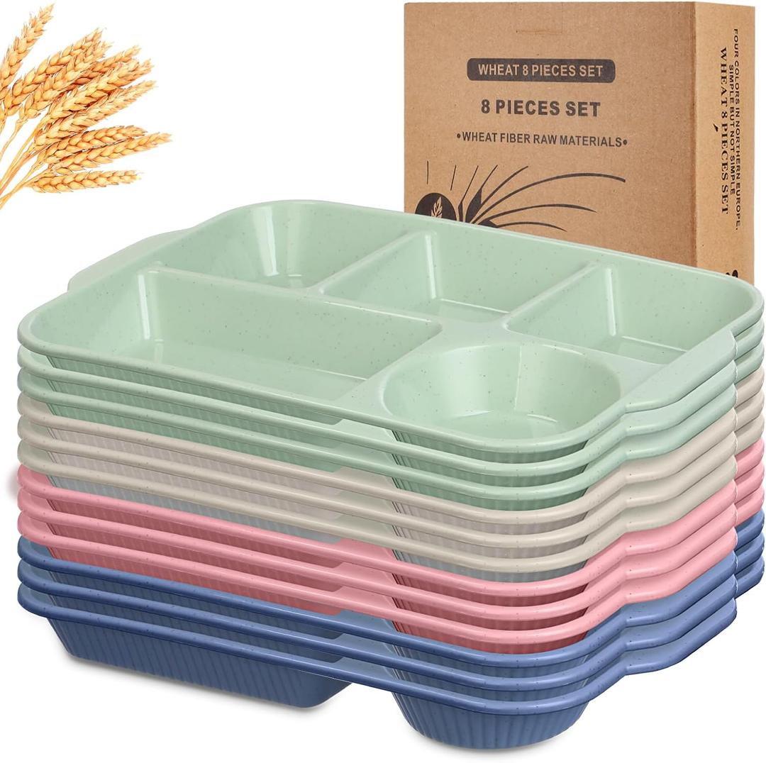 Pinkunn 12 Pcs 13'' Large Divided Plates Reusable Unbreakable Wheat Straw Plates 5 Compartment Lunch Trays Bulk Microwave Dishwasher Safe Food Portion Control Plates(Pink,Beige,Green,Blue)