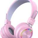 iClever BTH03 Kids Bluetooth Headphones, Colorful LED Lights, 35H Playtime, Bluetooth 5.4, Type C Fast Charging, Safe Volume, Stereo Sound Mic, On Ear Kids Wireless Headphones for iPad Airplane, Pink