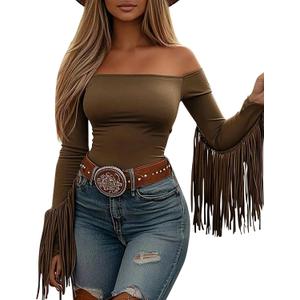 Fringe Tops for Women Western Cowgirl Off The Shoulder Fall Long Sleeve with Tassels Stretchy Crop Shirts Blouses (Brown, XL)