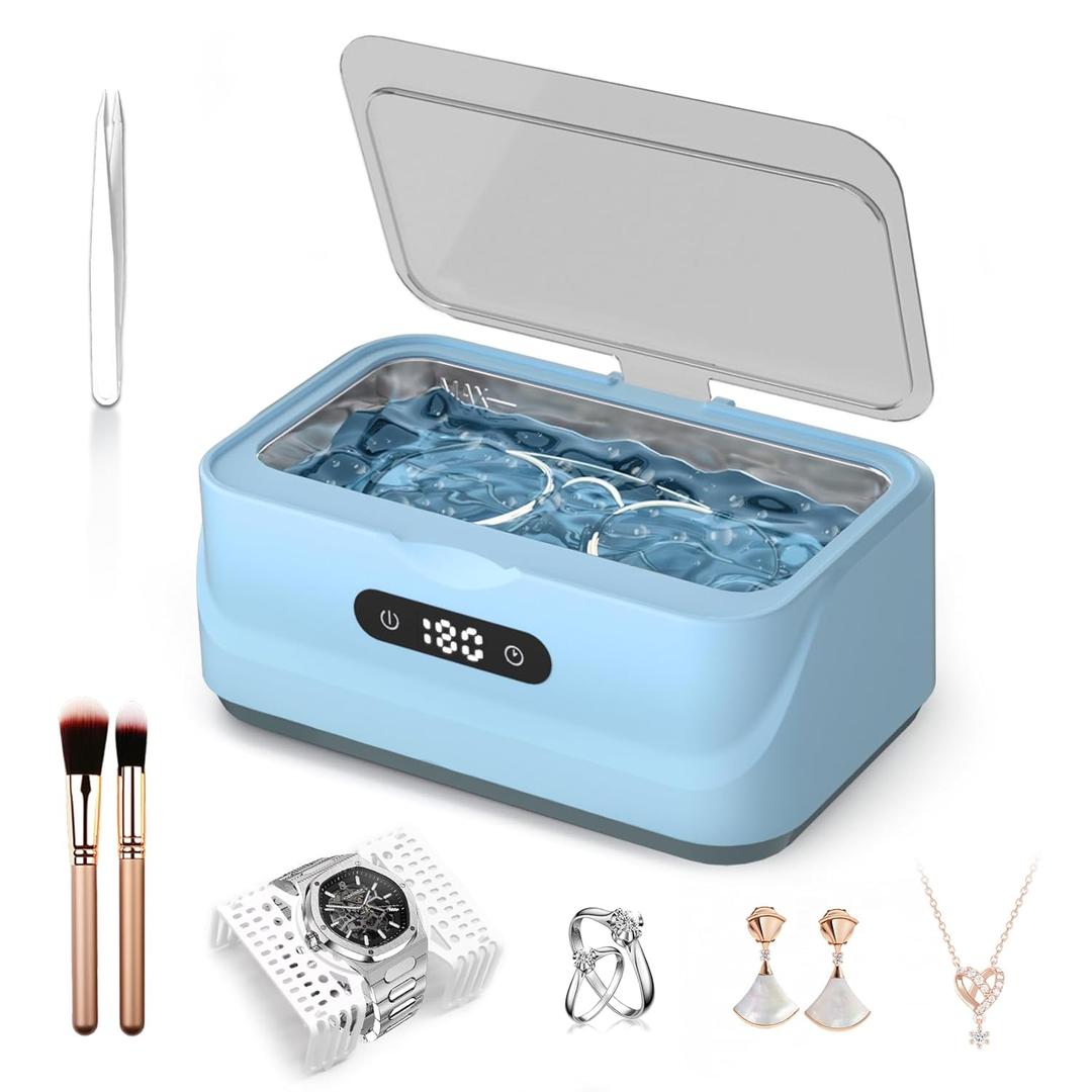 Ultrasonic Jewelry Cleaner: 48Khz Ring Cleaner Ultrasonic Machine with Digital Timer, 4 Cleaning Modes, 24W Sonic Cleaner for Jewelry, Glasses, Retainer, Watch Strap, Home & Travel Use, 13.5oz (Blue)