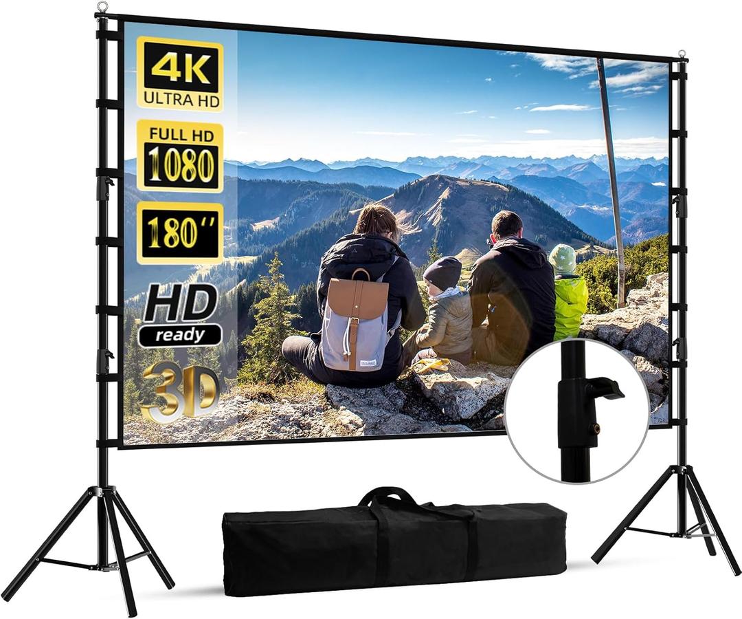 180 inch Projector Screen with Stand, HUANYINGBJB Outside Projection Screen, Portable 16:9 4K HD Rear Front Movie Screen with Carry Bag for Theater Backyard Movie Night, Cinema School, Churches, Parties
