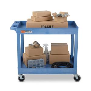 Luxor EC11-BU Plastic Utility Tub Cart with Two Shelves 2.5" Deep Each, 400 lbs. Weight Capacity, Ergonomic Push Handle, Blue