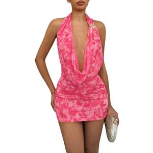 OYOANGLE Women's Sexy Deep V Halter Dress Floral Bodycon Mini Dresses Sleeveless Party Club Outfit (Pink, M)