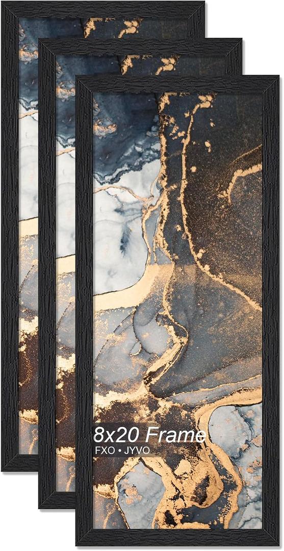 Fxojyvo Engineered Wood 8x20 Picture Frame Set of 3, Black Frame for 8 x 20 Inch Picture Poster Photo, Light Weight 8 by 20 Frame with Wood-grain for Wall - 3 Pack/Black/8"x20"