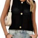 Saodimallsu Womens Crochet Sweater Vest Button Down Sleeveless Crew Neck Boho Knit Crop Tank Tops Summer Cardigans (Black, S)