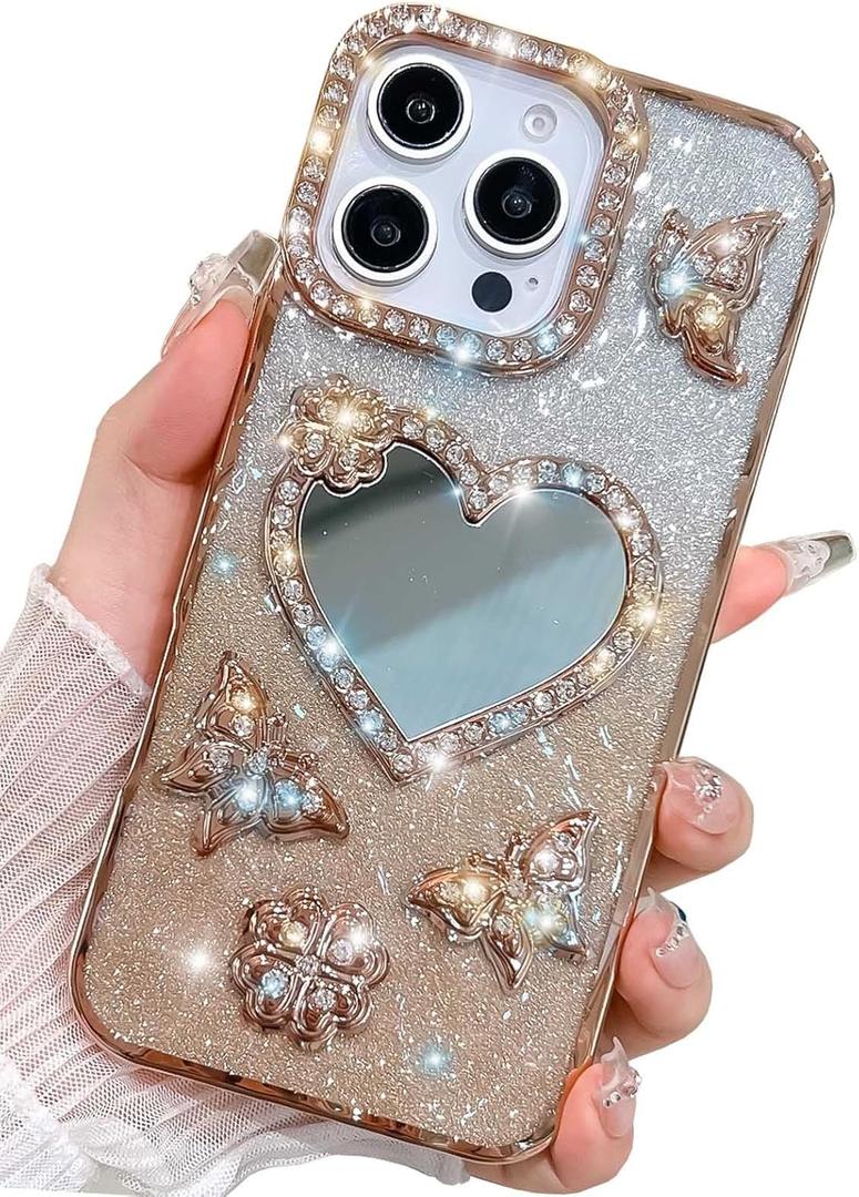 Trendy Girly Heart Mirror Compatible with iPhone 15 Pro Max Case, Elegent Cute Slim Women Bling Glitter Diamond Rhinestones Plating Butterfly Phone Cases(Gold,15 Pro Max)