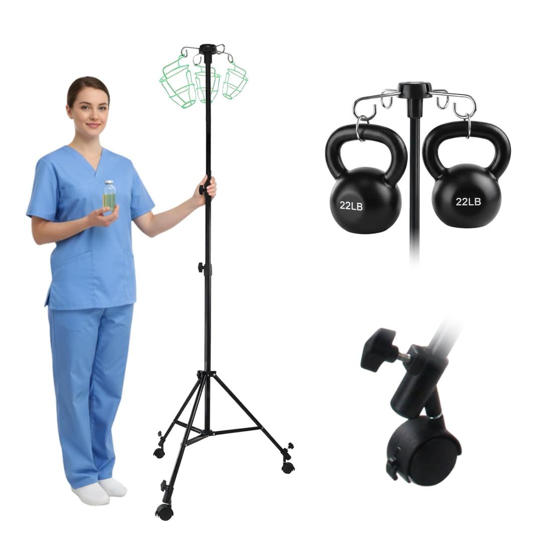 IV Pole with Wheels, Adjustable Height 36 to 77 inch, with Storage Bag | 4 Hooks & 3 Hanging Mesh Covers, Stainless Steel, Lockable Detachable Casters, Tripod Base, Folds for Hospital, Home & Travel