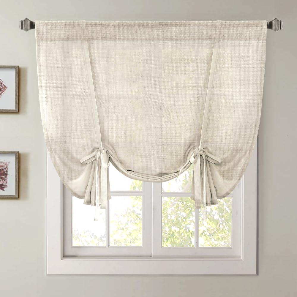 H.VERSAILTEX Tie Up Linen Curtains 63 Inch Length Nature Linen Textured Privacy Curtain Multi Hanging Ways Shade Balloon Window Shade Rod Pocket Casual Curtain - 42x63 - Ivory