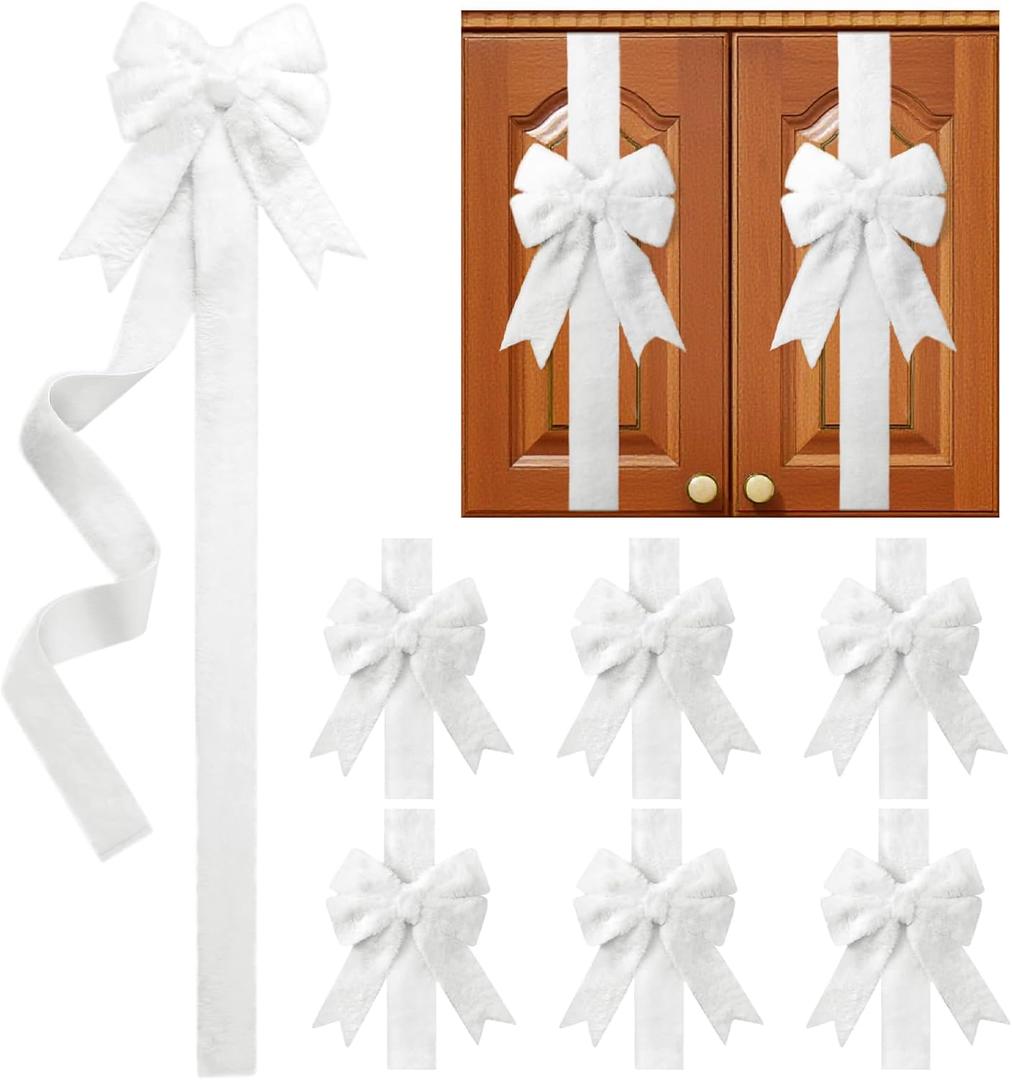 WILLBOND 6 Pieces Christmas Cabinet Bows Large White Ribbons Kitchen Cabinet Door Bows Faux Rabbit Fur Decorations for Holiday Wedding Party Supplies(Fresh Style,White,6 Pcs)