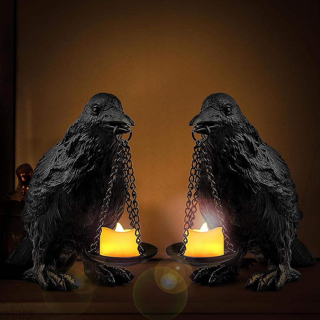 Gothic Crow Lamp with Tealight Candle Holder Resin Raven Decor Statue Gothic Home Decor for Bedroom Unique Goth Gifts Black 2PCS