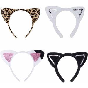 4Pcs Animal Ears Headbands White Black Pink Leopard Cats Headbands Party Theme Decorations