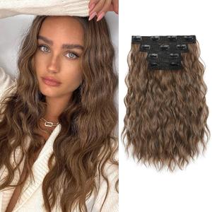 REECHO Clip in Hair Extensions, 4PCS 14" Short Wavy Hair Extensions Invisible Lace Weft Natural Soft Hairpieces for Women Light Brown