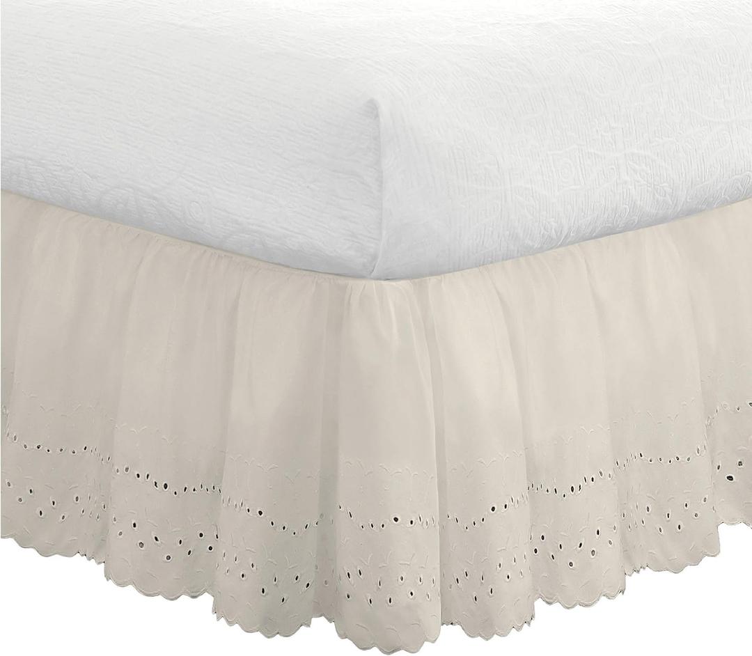FRESH IDEAS Eyelet Bed Skirt Dust Ruffle Embroidered Details, Classic 14 Drop Length Gathered Styling, Twin, Ivory (FRE30014IVOR01)