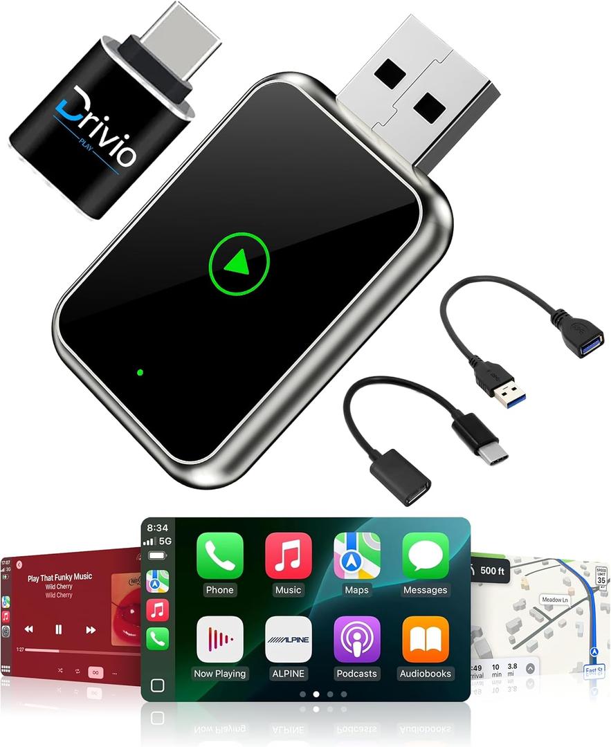 Drivio Wireless CarPlay Adapter for iPhone & Android | USB CarPlay Wireless Adapter with Screen Mirroring | 2026 Bluetooth Car Play Dongle Apple Play for Car Accessories Android Auto USB C & A