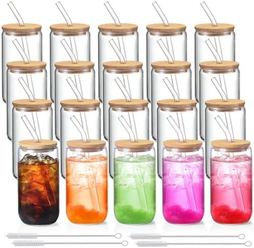 20 Pack Glass Cups with Lids and Straws 16 oz, Personalized Customizable Glasses for Gift, Business, Drinking glasses set, Iced Coffee Cup, Cute Aesthetics Tumbler for Tea, Homemade Drinks