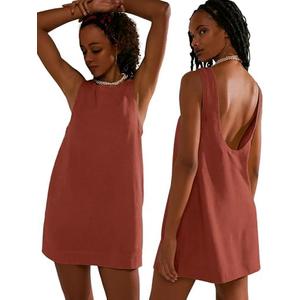 VIUTIL Womens Summer Linen Mini Dress Boat Neck Low Back Sleeveless Tank Dresses with Pockets 2025 Vacation Outfits, Large