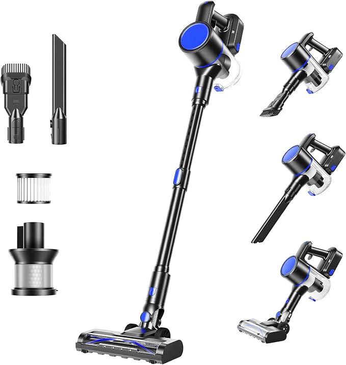 OLIXIS Cordless Vacuum Cleaner, Rechargeable Upright Cleaner with Flexible Steering, Extendable Wand, LED Headlight, 3 Brushes & Wall Mount, Handheld Vacuum for Hardwood Floor Home Cleaning