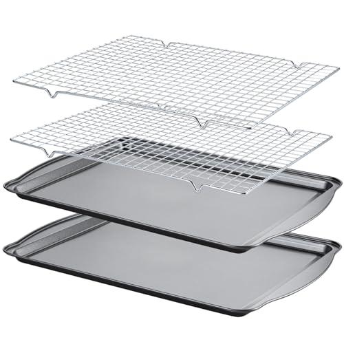 Gymdin Baking Sheet with Cooling Racks - Carbon Steel Cookie Sheets for Baking [2 Sheets + 2 Racks], Nonstick Baking Pans, Perfect for Baking, Roasting, and More, Size 17 x 11 x 0.5 Inches