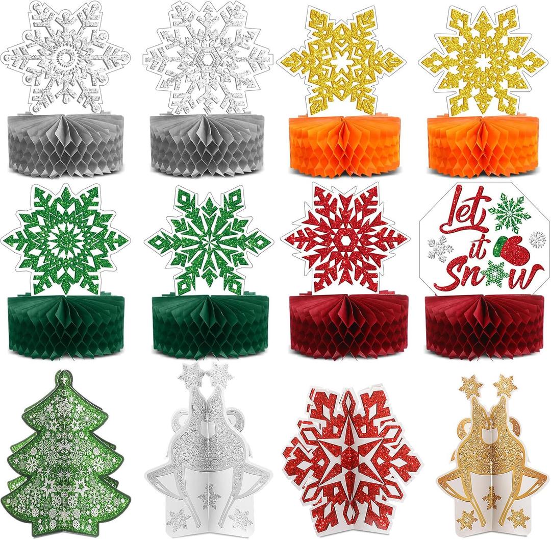 Pajean 12 Pcs Christmas Table Decorations Centerpieces Winter Snowflake Honeycomb Red and Green 3D Xmas Tree Elf Let It Snow Tabletop Sign Gold Sliver Snowflake Wonderland Holiday Party Supplies