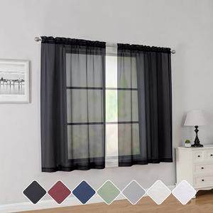 Simplebrand Black Short Sheer Curtains 45 Inch Length for Small Windows, Rod Pocket 2 Panels Set Solid Voile Drapes Window Sheer Curtains for Bedroom Bathroom Kids Room Kitchen, 42x45 Inch