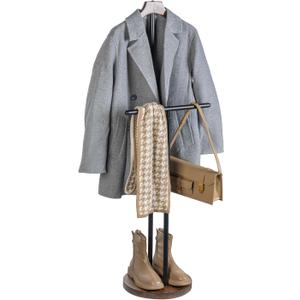 MyGift Modern Garment Valet Stand with Rustic Burnt Solid Wood Coat Clothes Hanger, Round Wooden Base, and Industrial Matte Black Metal Bag Holder for Women