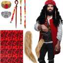 Tondiamo 6 Pcs Halloween Pirate Costume Accessories Pirate Hair Beads Rings Red Scarf Fox Tail for Halloween Dress up Supply