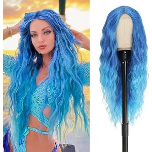 BUPPLER Cosplay Long Blue Wig 28 Inch Middle Part Synthetic Wig Realistic Gifts Party Wigs for Women Daily Use Colorful Wigs (Blue)