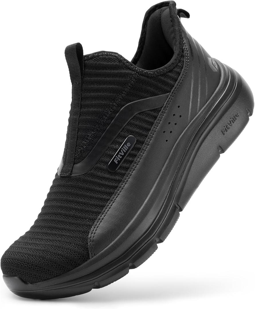 FitVille Men's Extra Wide Slip on Walking Shoes with Arch Support Men Slip on Sneakers for Foot Pain Relief-Stepease V2 (9.5 Wide, Jet Black)