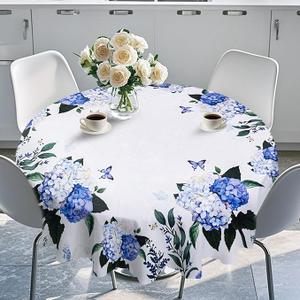 60 Inch Round Tablecloth Waterproof Blue Floral Table Cloth Spring Summer Flower Hydrangea Table Cover Wrinkle Free for Indoor Outdoor Kitchen Dining Holiday Picnic Party Decor