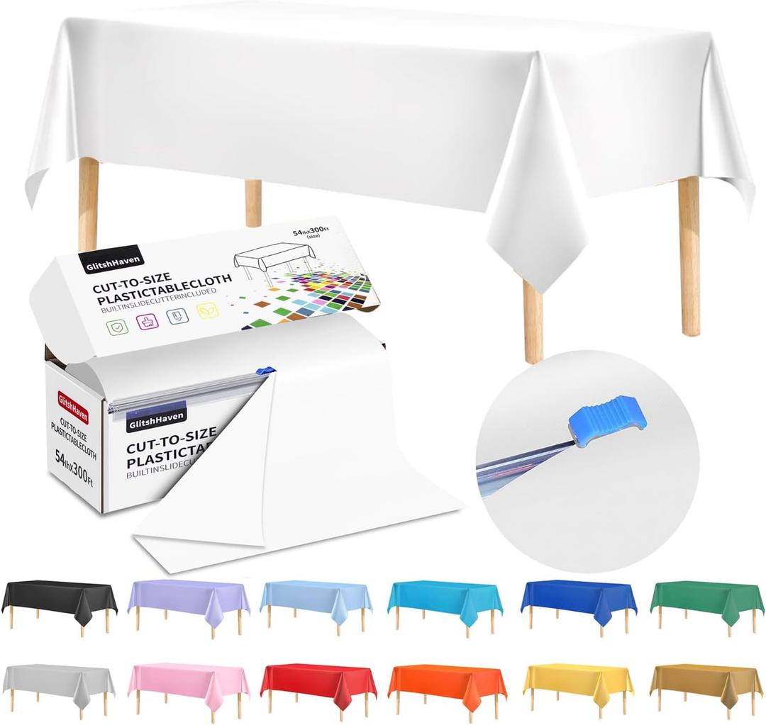 54 Inch X 300 Feet Plastic Table Cover Roll Disposable Tablecloth with Slide Cutter for All Type/Shape Tables | Table Cover for Party, Picnic, Banquet & Outdoor Activities (White)