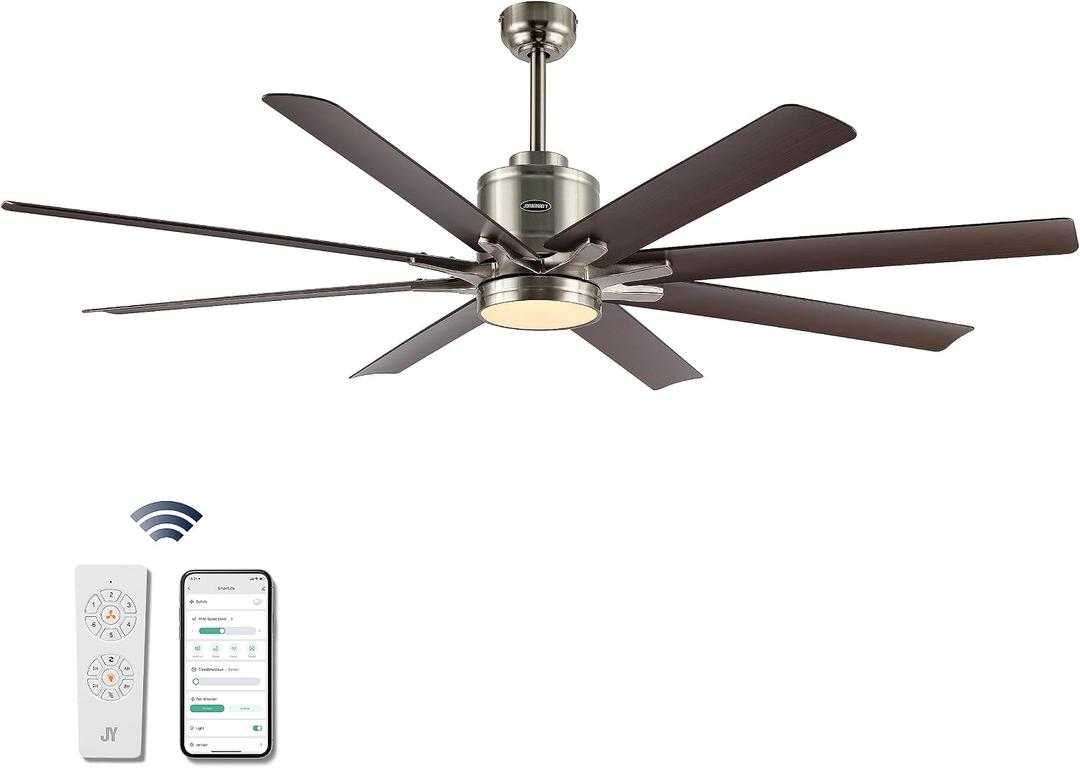 JONATHAN Y Octo Smart 6-Speed Ceiling Fan LED 66", Nickel/Neutral Brown | 1-Light, Reversible DC Motor, App And Remote Control, 3-Color Temperature, White Acrylic Shade, Metal, Slope-Compatible