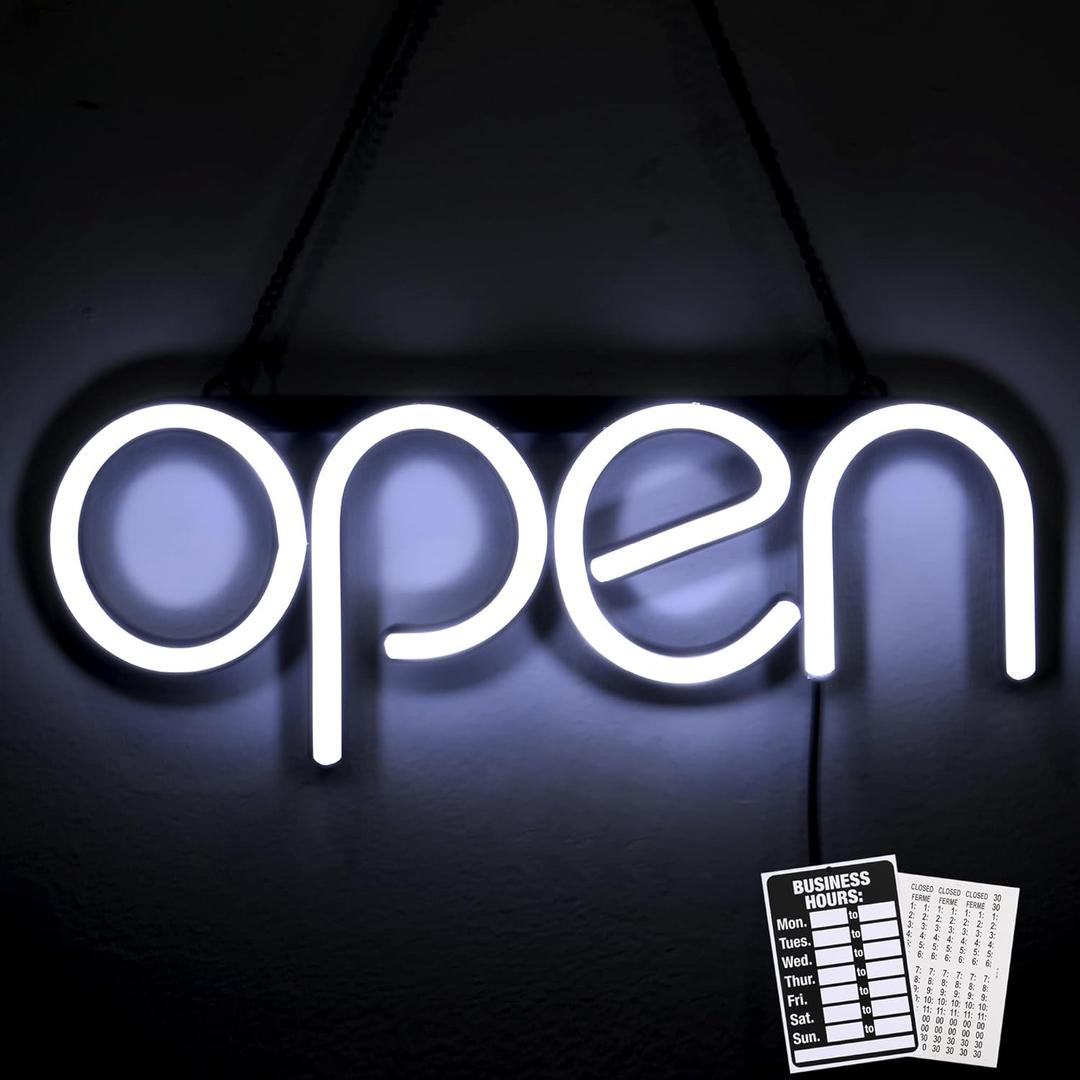 LED Neon Open Sign Light. Perfect to Advertise Storefront, Business, Office, Shop and Restaurant. Ultra Bright White Designer Color. Custom Built, Elegant Window Display