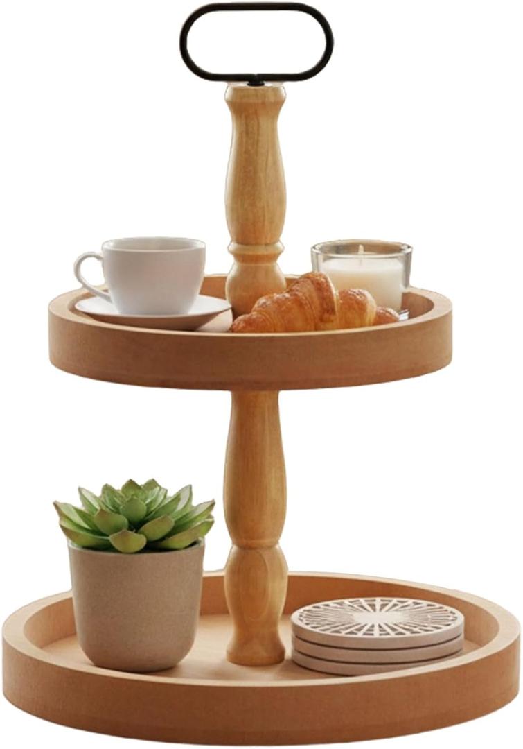 Decorative Tray - Cupcake Stand Two Tiered Tray Farmhouse Rustic 2 Tiered Serving Tray for Home and Kitchen Decor, Party, Weddings-Holiday Decoration Customizable Display Options(Brown) (15.7")