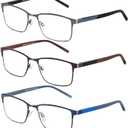 3 Pack Reading Glasses Men, Blue Light Blocking Reading Glasses 4.0, Anti Eyestrain/Glare/UV, Metal Frame Spring Hinge Computer Readers with Pouches (4.0+) Gun/brown/blue