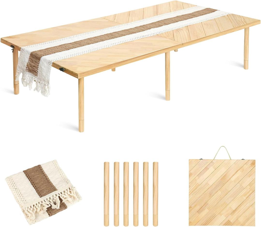 Folding Picnic Table 60x30in, Solid Wood Portable Low Floor Table, Mortise & Tenon Joints, Adjustable Height, Boho Table for Beach Camping Garden Party, Runner Included, Seats 6-8