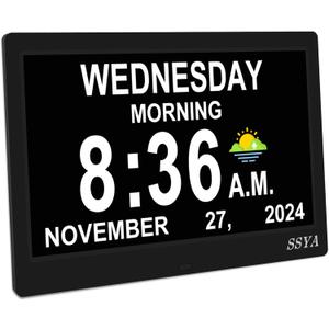 SSYA Dementia Clock for Seniors, Digital Clock with Date and Day of Week, Alzheimers Clock with Auto DST, Non-Abbreviated Large Calendar Alarm Clock Desk Clock (11.5" Black)