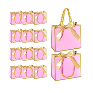 EQOREIIN 50 PCS Small Gift Bags with Handles,Pink Mini Bag,5.5x 2.5x4.7 Inches Small Thank You Gift Bags Bulk with Ribbon for Party Favors,Mother's Day, Goodie, Weddings,Baby Shower(Pink Gold)