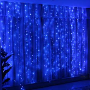 HXWEIYE 300LED Fairy Curtain Lights, 9.8x9.8Ft USB Plug-in 8 Modes Christmas String Hanging Lights with Remote for Bedroom Backdrop Wedding Indoor Wall Decor, Blue, Standard  1 Pack