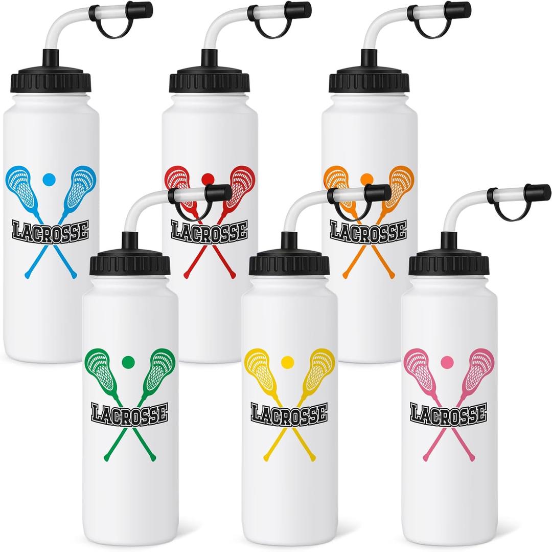 6 Pack Lacrosse Water Bottle with Long Straw 1 Liter Easy-Squeeze Sports Bottles BPA-Free Reusable Lacrosse Gifts Accessories Stuff for Men Women Player Lover Team