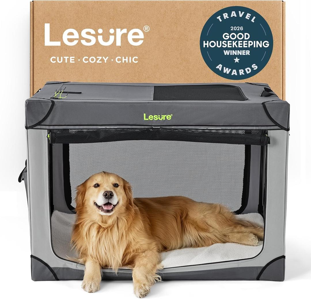 Lesure Soft Collapsible Dog Crate - 42 Inch Portable Travel Crate for Extra Large Dogs Indoor & Outdoor, 4-Door Foldable Pet Kennel with Mesh Windows, Grey