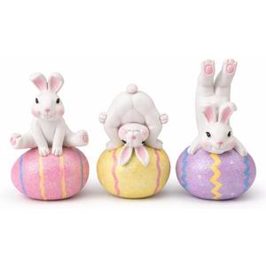 GoGnome Easter Decoration Indoor, Set of 3 Resin Easter Bunny Figurines on Pastel Eggs – 6.5''H Playful Rabbit Spring Decor for Shelf, Mantel & Tabletop (Pink/Yellow/Purple)