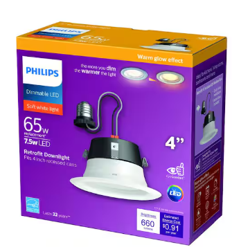 Philips LED Downlight 1 Pack, 50W Equivalent 4 inch Retrofit Recessed Lighting, Soft White (2700K), Dimmable