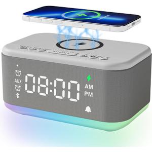 Alarm Clock Speaker Wireless Charger, Digital Alarm Clocks Bedrooms Bluetooth, Alarm Clock Dimmable Light Bedrooms Dual Alarm Snooze Dimmer 12 24H RGB Night Light Bluetooth USB AUX, Gray