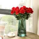 Laelfe 12 pcs Artificial Red Roses Flowers Long Stem Fake Silk Rose for Home Wendding Decorations (Red)