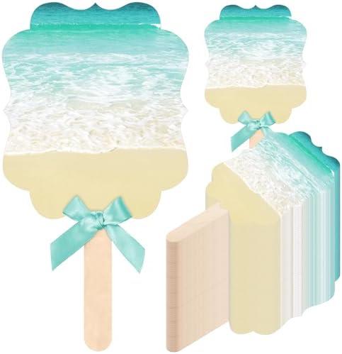 Huwena 50 Sets Wedding Fans for Guests Thank You for Celebrating with Us Fans Hand Fans Handheld Folded Fan Baby Shower Favors for Bridal Bridesmaid Gift Church Dancing (Blue and Green,Beach)